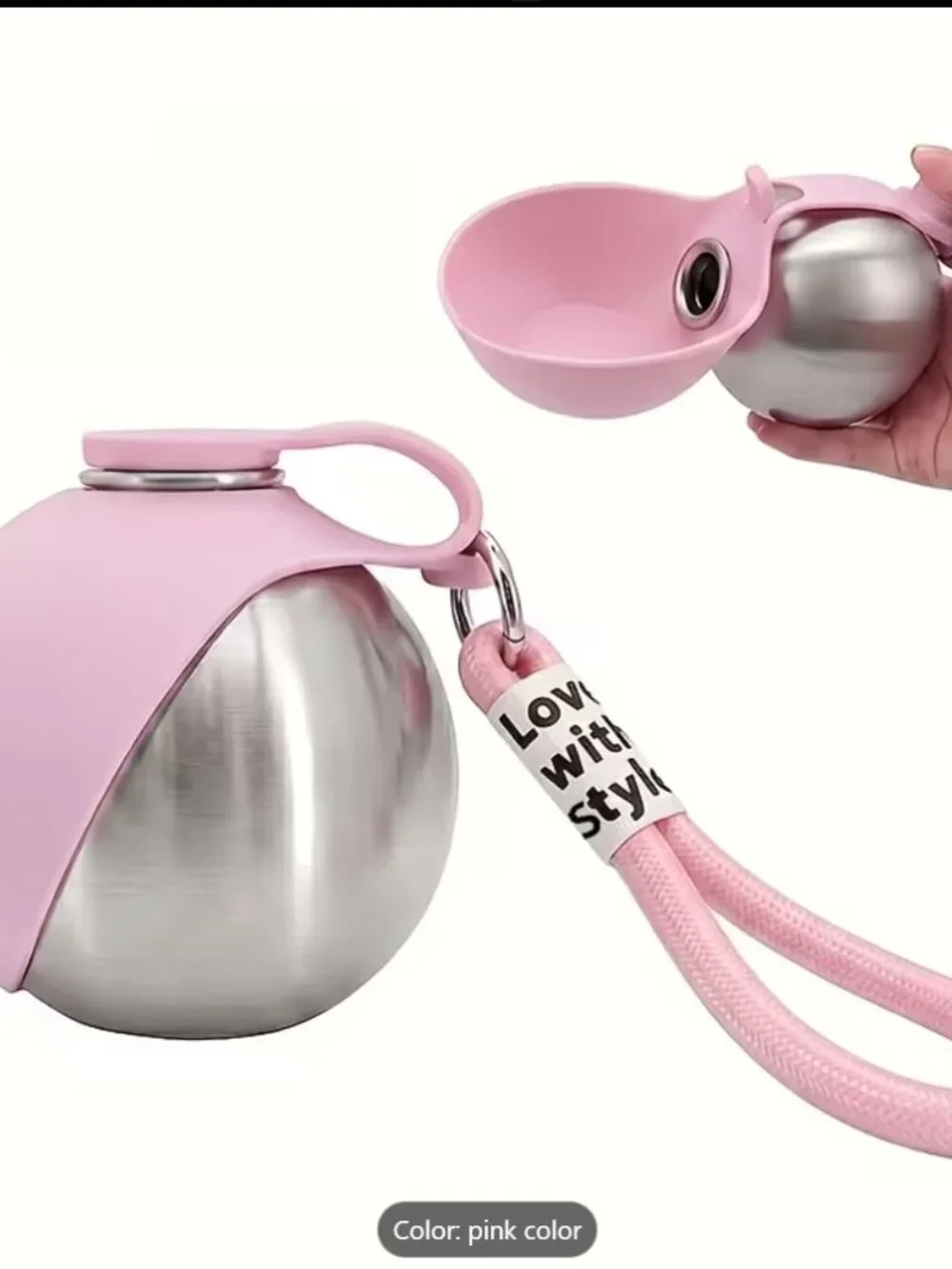 2-in-1 Portable Dog Water Bottle Bowl 10 oz Stainless Steel Pink NEW